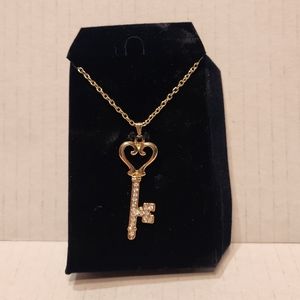 Bell and Rose Heart Key Necklace Goldtone